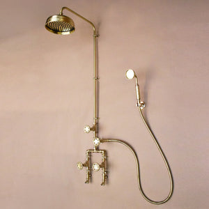 Brass shower with handheld shower against background