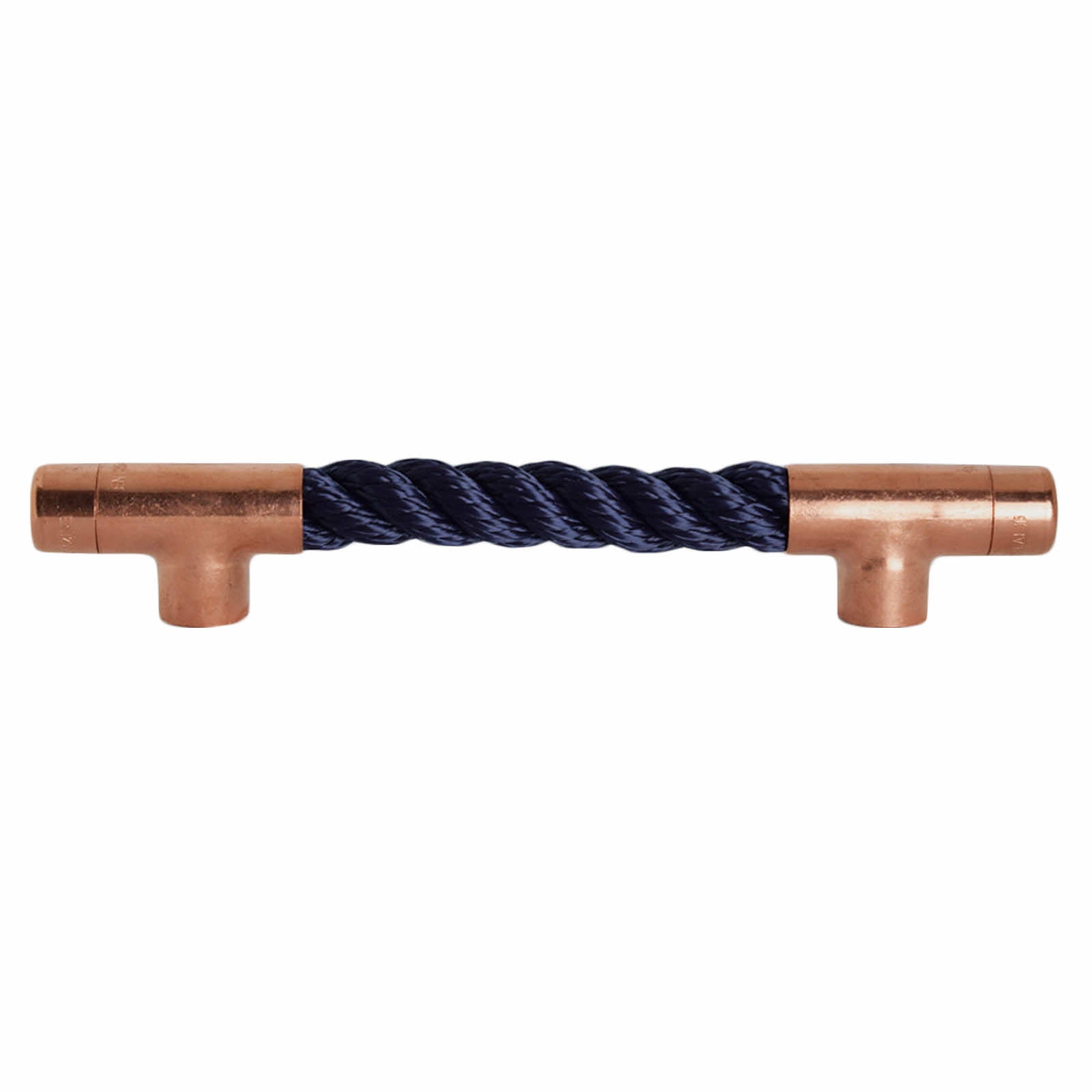 copper and navy rope t pull handle, rope handles, polished copper, blank background
