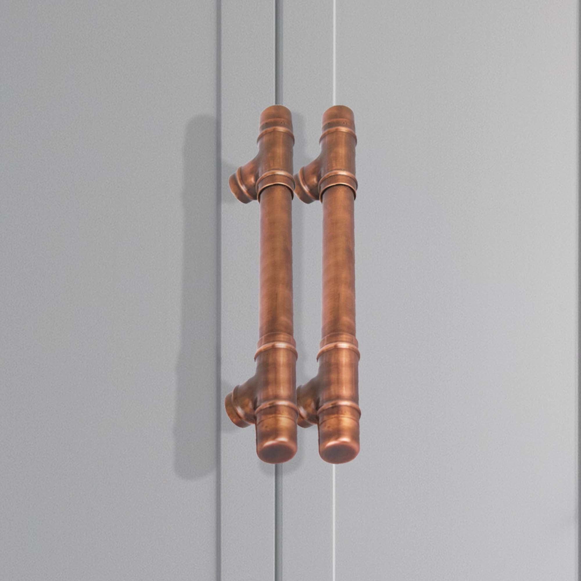 Copper Handle T-shaped - Aged - On Grey Cabinet