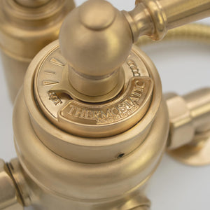 Brass thermostatic shower valve, genuine brass - close up image of the made in Britain signature