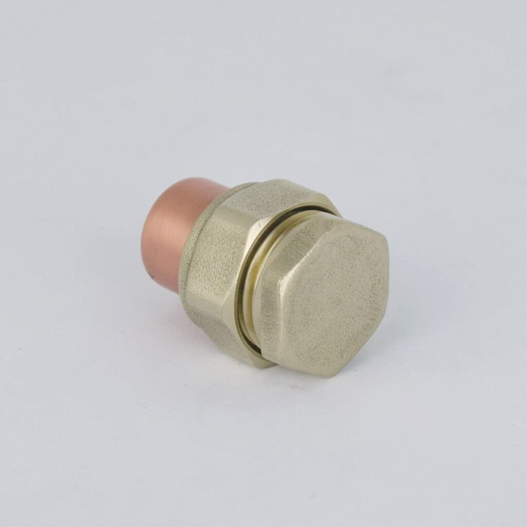 Copper and brass raised knob bolt on its side