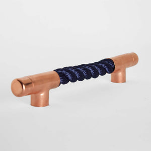 copper and navy rope t pull handle, rope handles, polished copper, angled view