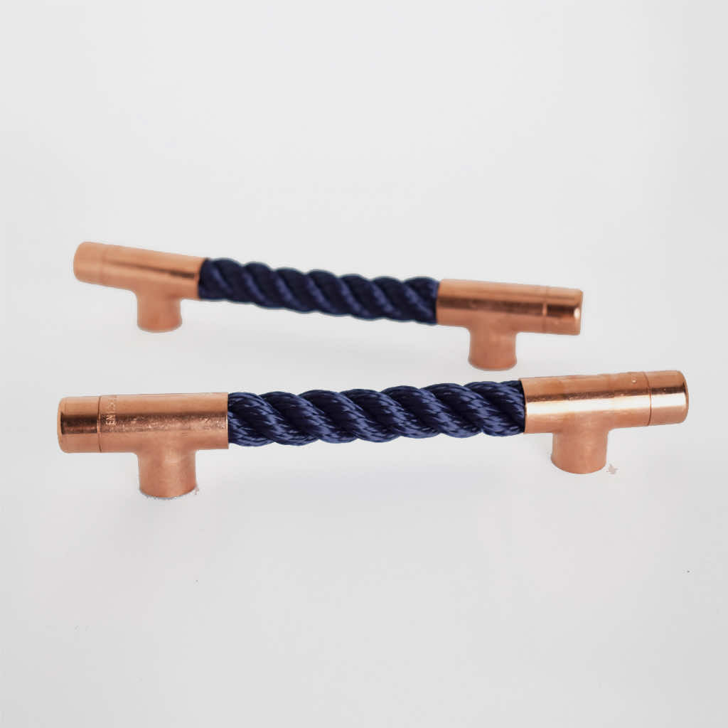 copper and navy rope t pull handle, rope handles, polished copper