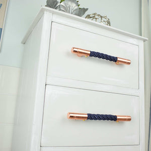 copper and navy rope t pull handle, rope handles, polished copper, bathroom handles