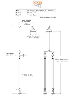 Technical drawing of a freestanding shower brass with dimensions and specifications.