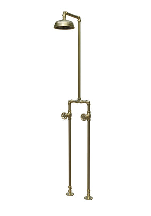 Vintage-style brass shower head and pipe system on a white background