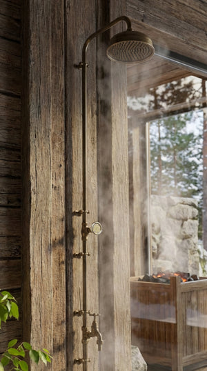 brass shower in a nordic spa