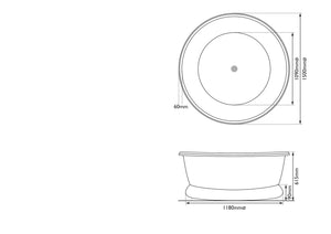 Technical drawing of a round sink with dimensions labeled