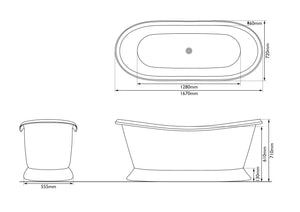 Technical drawing of a freestanding bathtub with dimensions