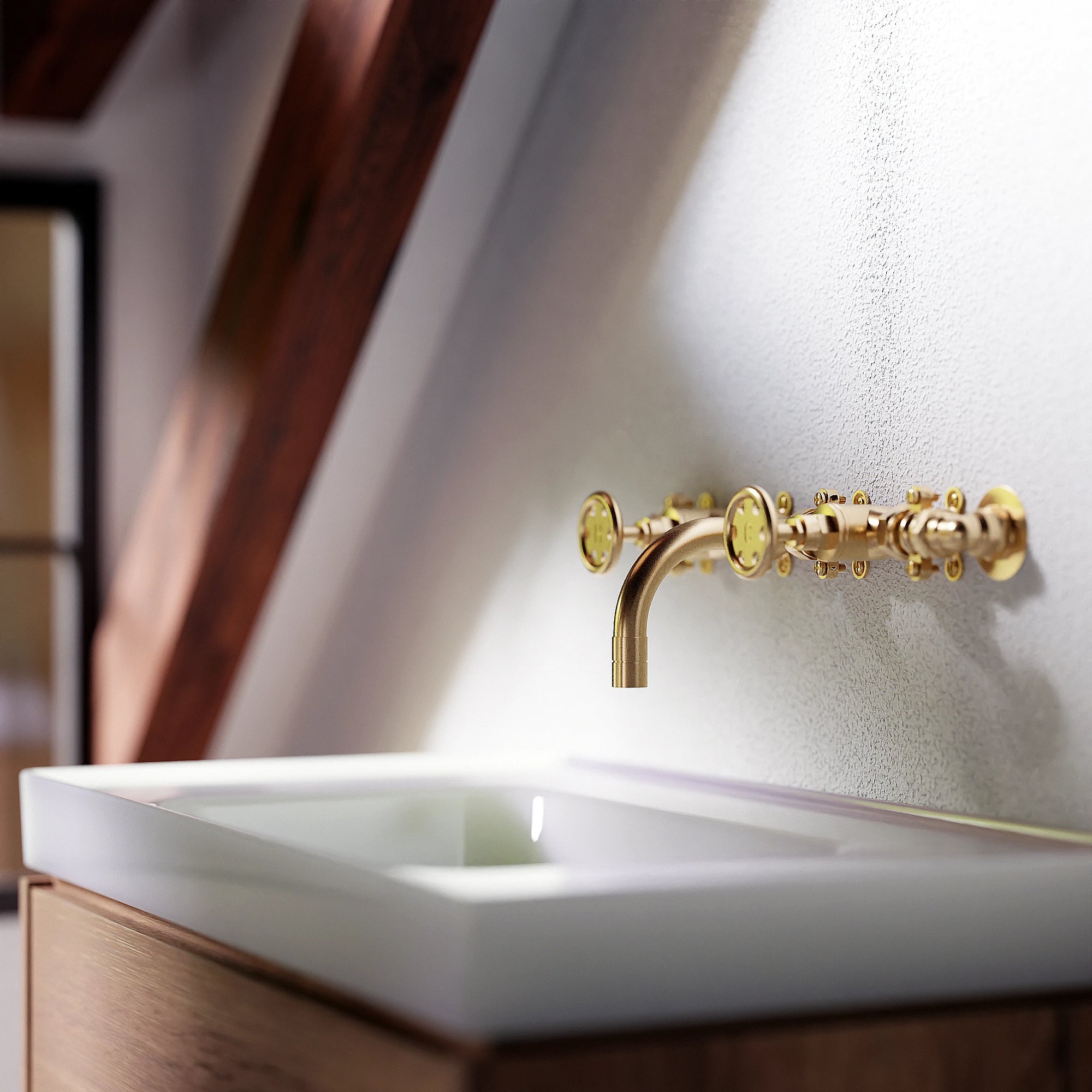 Brass tap in farmhouse style bathroom