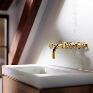 Brass tap in farmhouse style bathroom