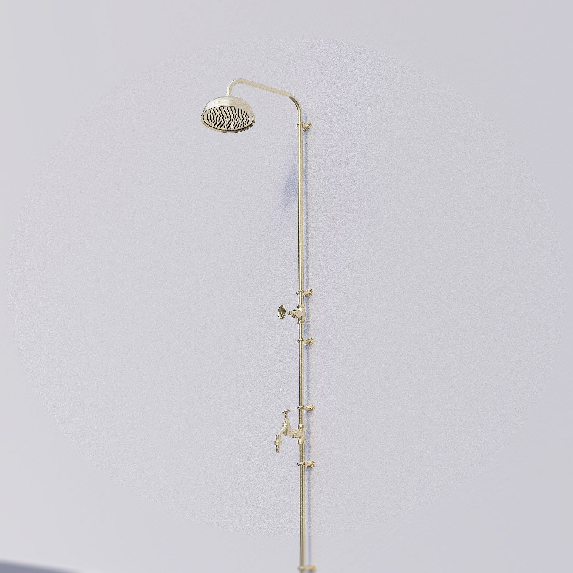 Brass single inlet shower against white wall 