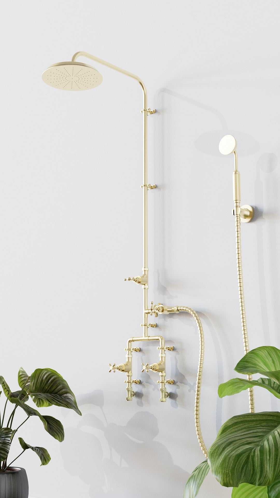 Brass shower with handset angled