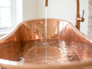 Copper bathtub with water flowing into it in a bright room.