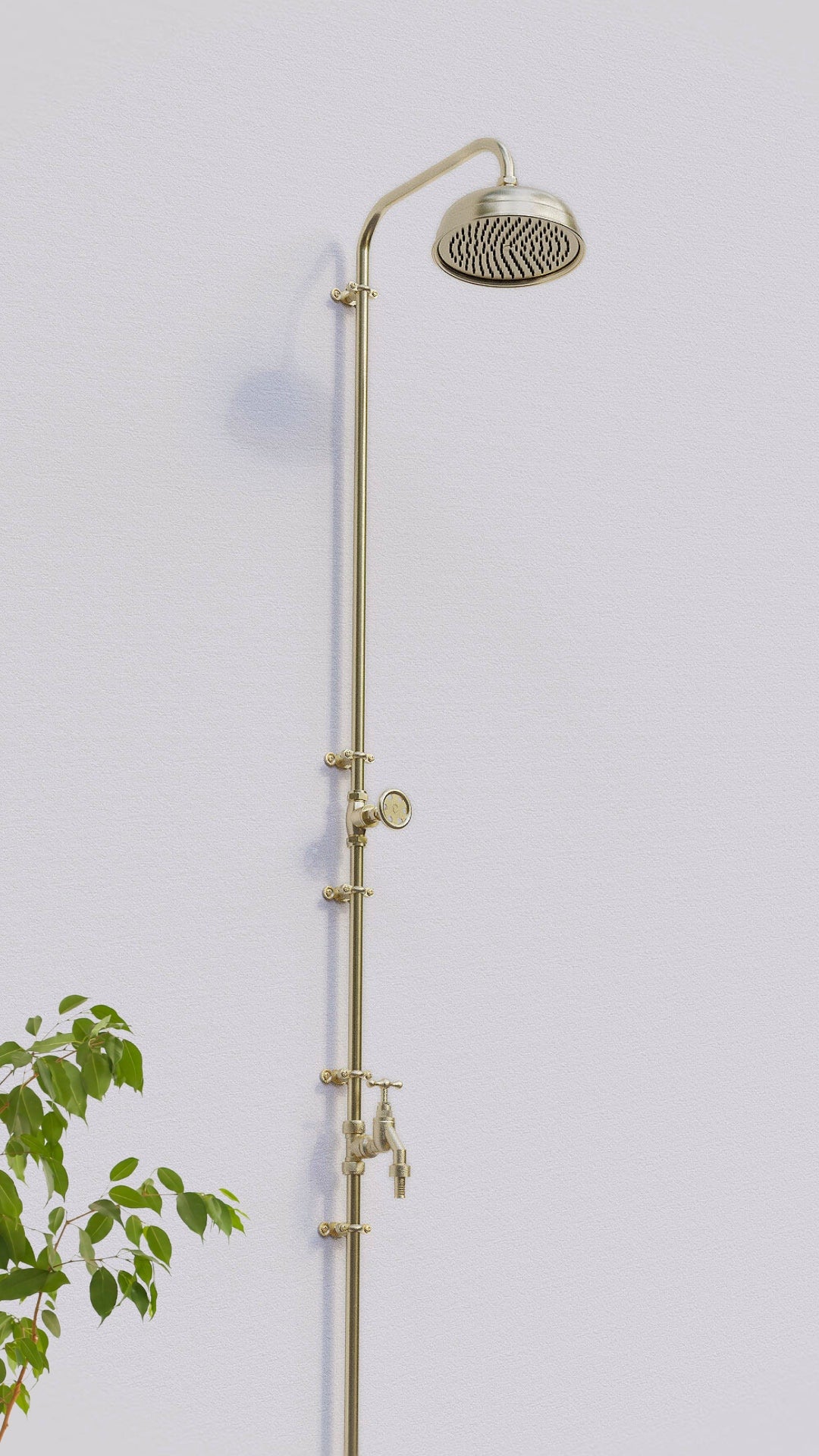 brass shower in a garden with a garden tap dog shower