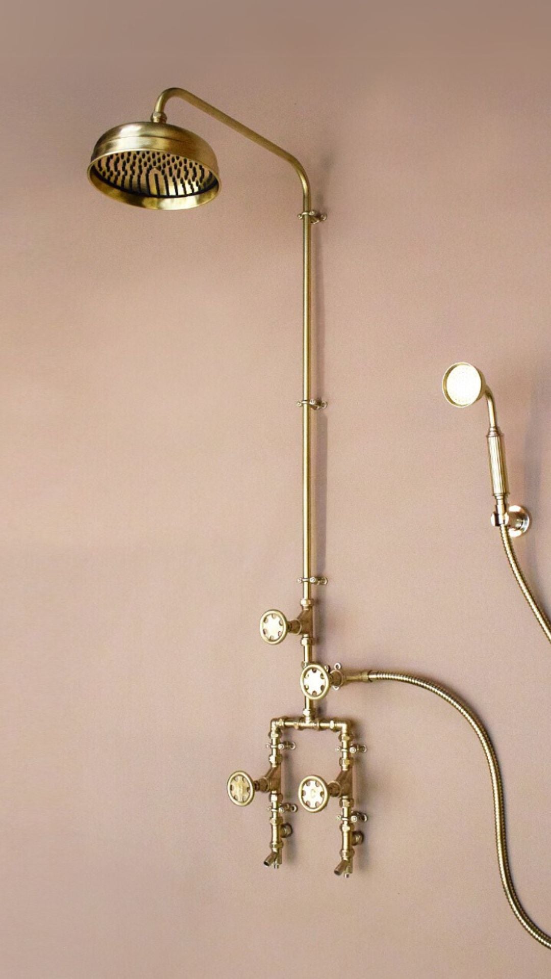 Rivulet brass shower set with domed head, handheld and rounded taps perfect for washing off after a swim as a pool shower or luxury hotel renovations