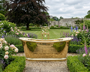 brass bathtub in a garden setting with flowers and greenery