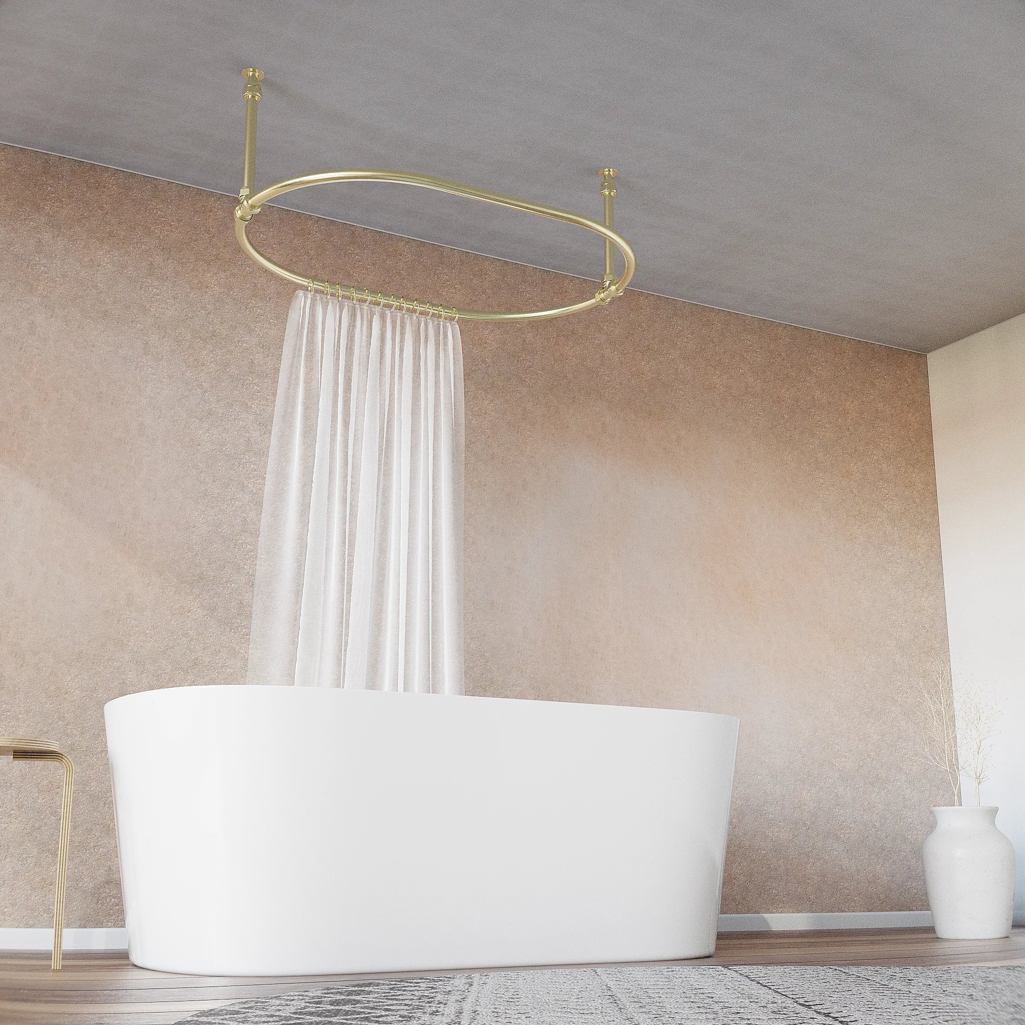 brass shower curtain in bathroom