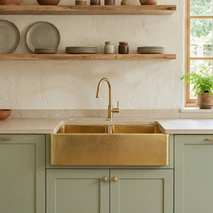 Sunglade| Hand-Hammered Brass Double Bowl Kitchen Sink (60/40 Split)