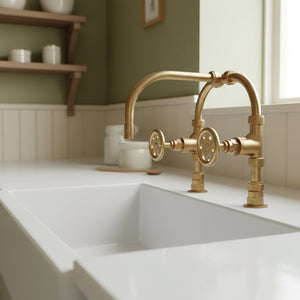 Gold kitchen faucet over a white sink in a kitchen setting