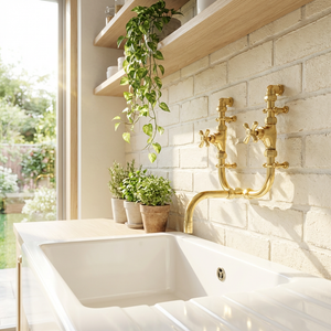 brass tap in a farmhouse kitchen