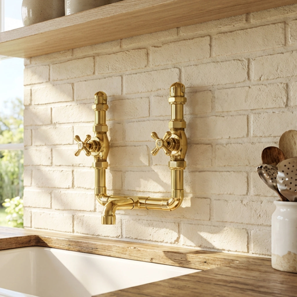 brass kitchen faucet on a brick wall with wooden shelves and utensils.