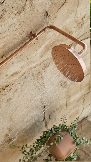 Copper shower head mounted on a stone wall with a plant in the foreground.