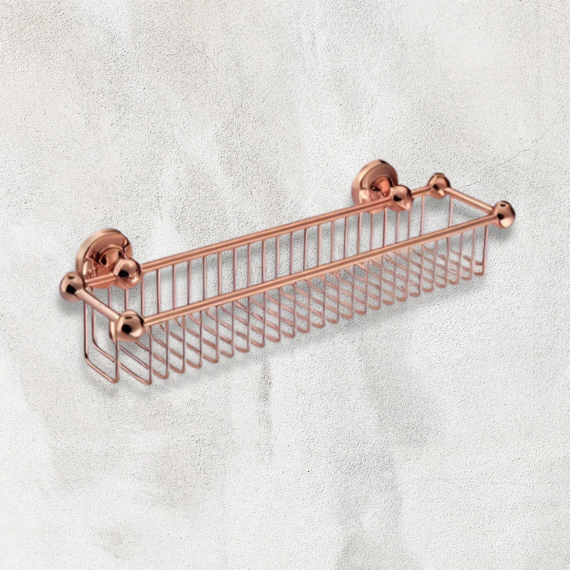 copper shower caddy on a textured white background
