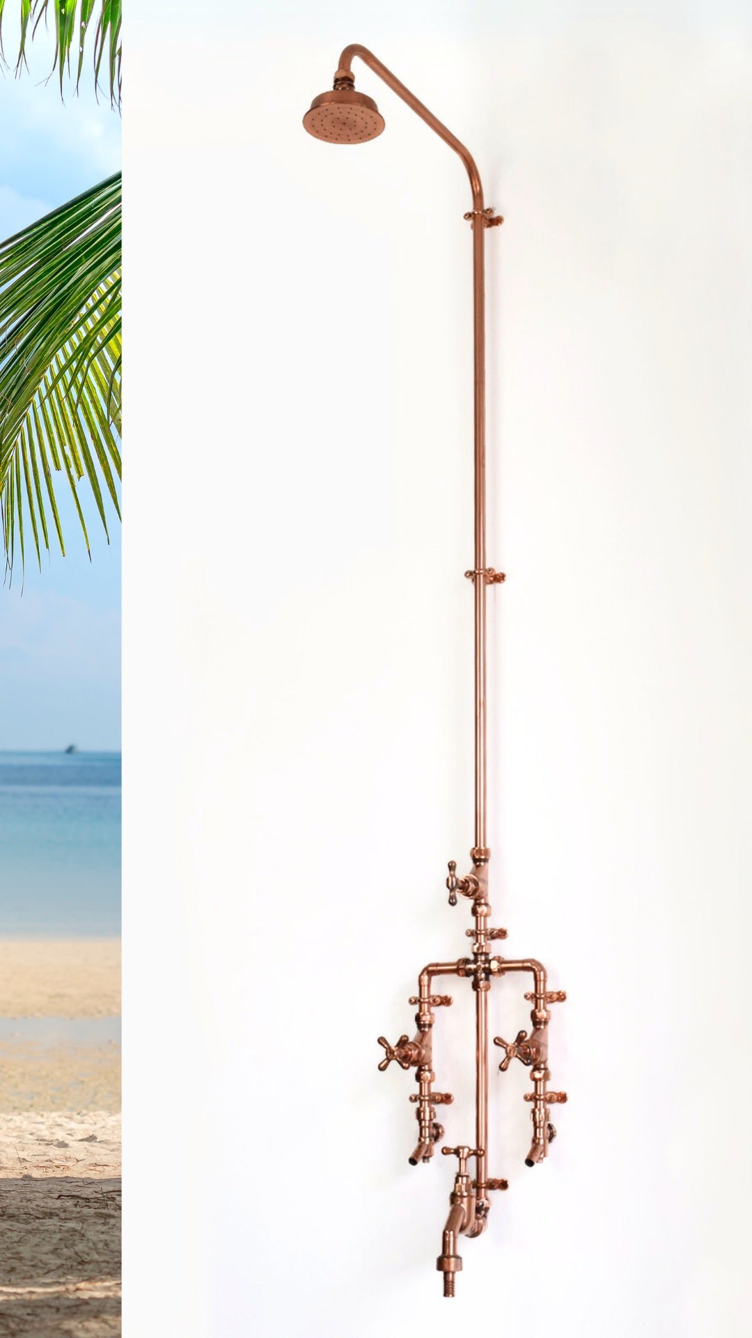 Custom copper shower design photographed on the side of a beach house spa resort