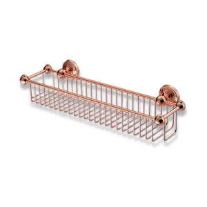 copper wire basket with decorative brackets on a white background