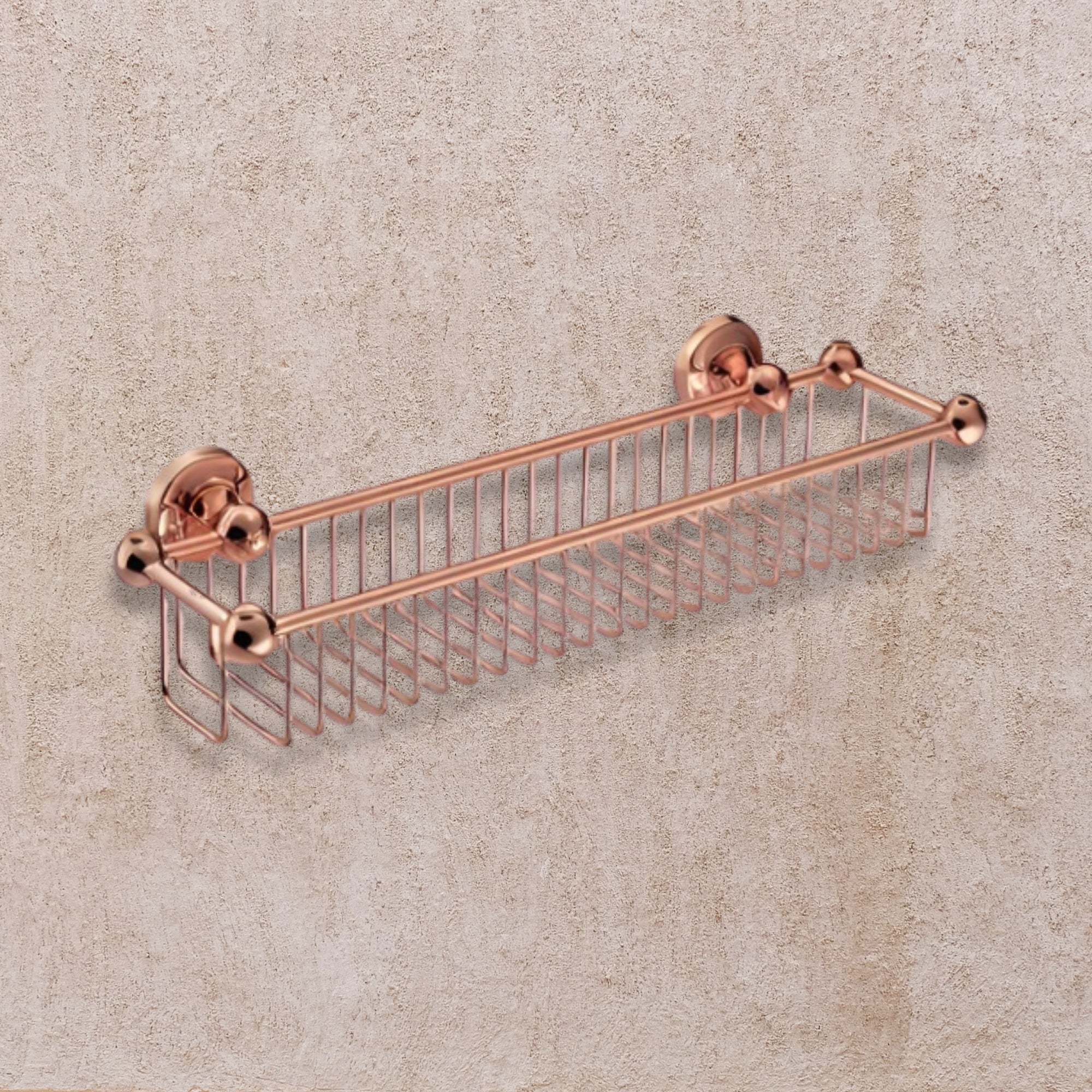 copper corner shower caddy on a beige wall