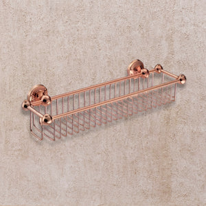 copper corner shower caddy on a beige wall