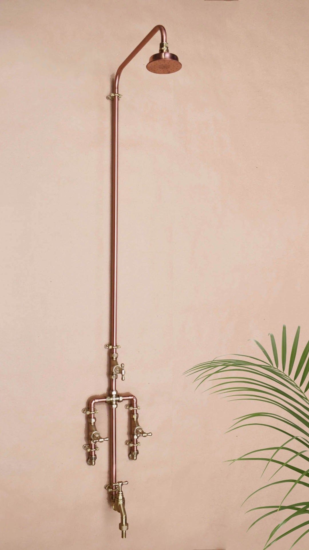 Montezuma Falls copper & brass shower set with rainfall head and garden tap, featured as a swimming pool shower