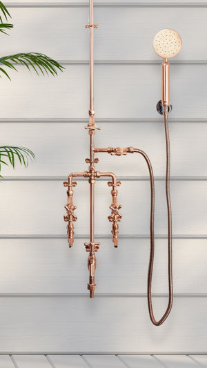 copper shower on garden wall US home
outdoor shower