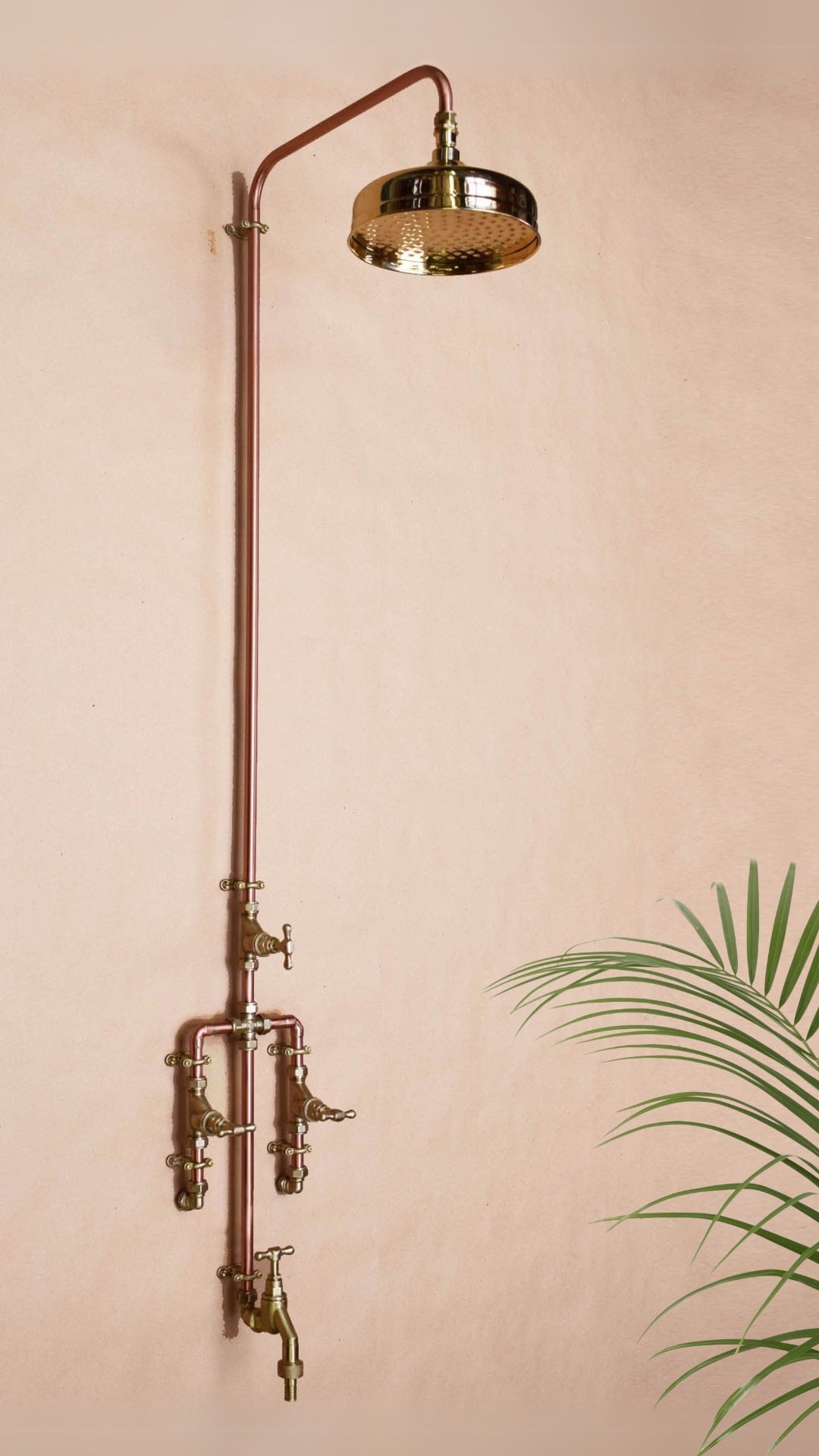 Margoon Falls copper and brass outdoor mixer shower with garden hose tap – luxury wall-mounted garden shower set handmade in the UK