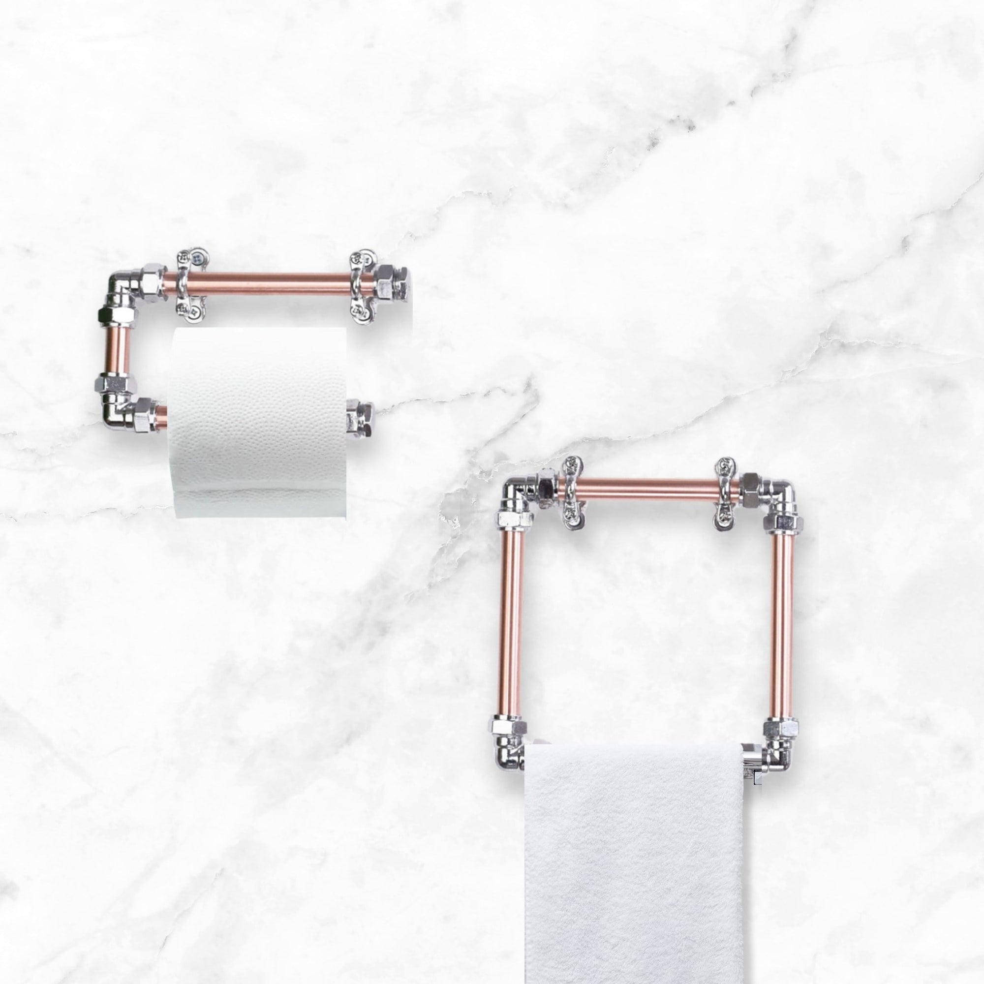 Towel holder with toilet paper holder on a marble background