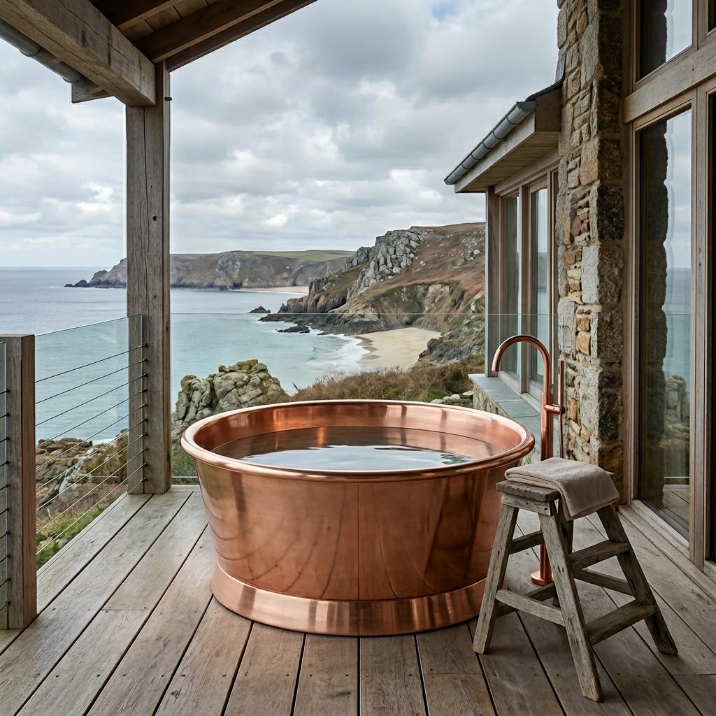 Copper bathtub on a wooden deck with ocean view