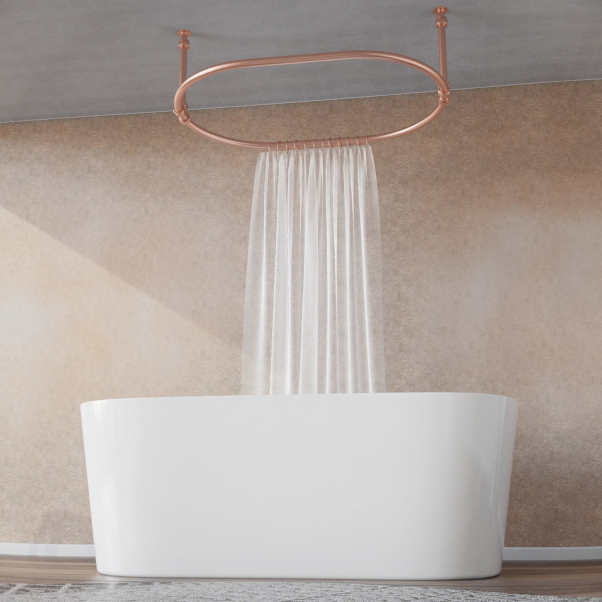 copper shower curtain in bathroom