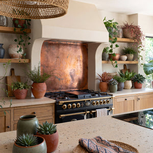 Modern kitchen with copper range hood and various potted plants.