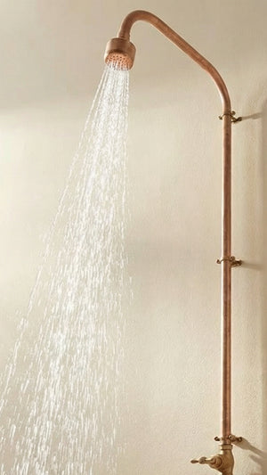 Copper shower head and hose on a neutral wall
