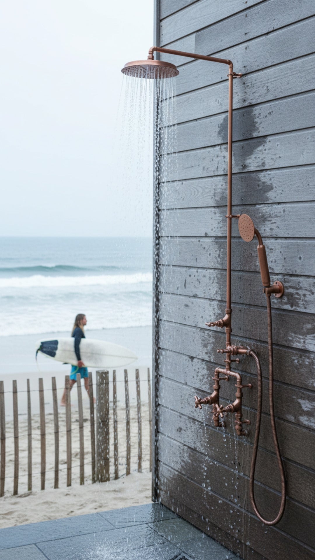 Outdoor shower with copper fixtures by a wooden wall, beach in the background