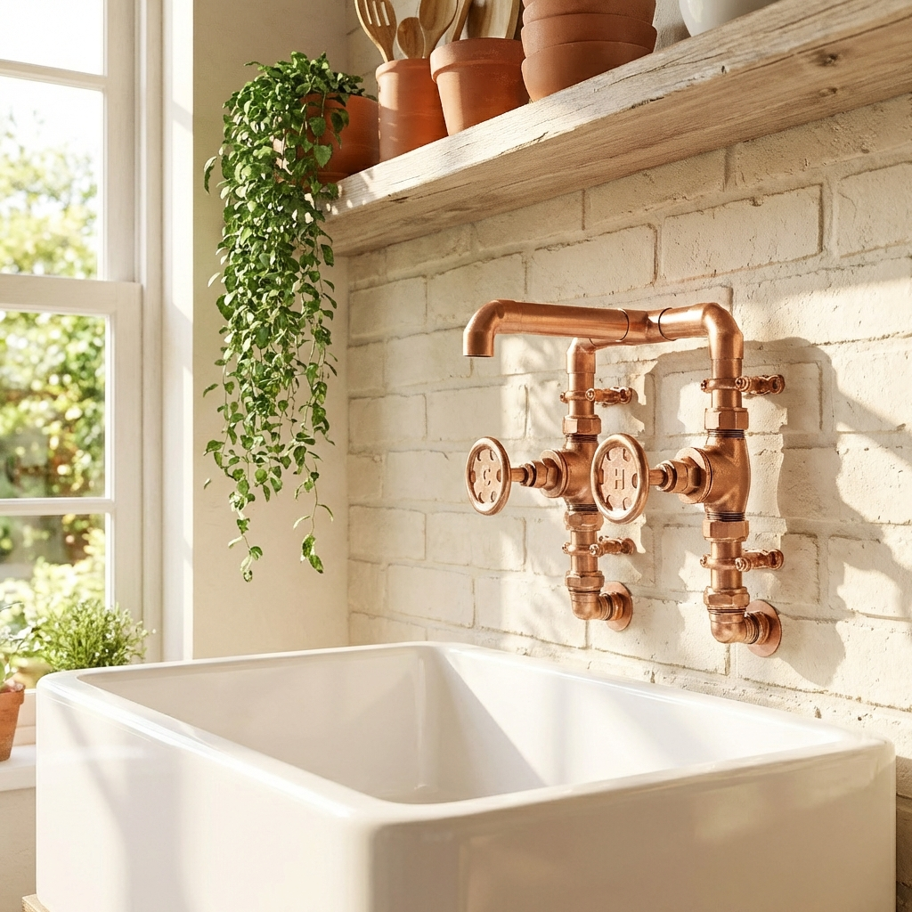 White kitchen sink with copper faucet against a brick wall farmhouse