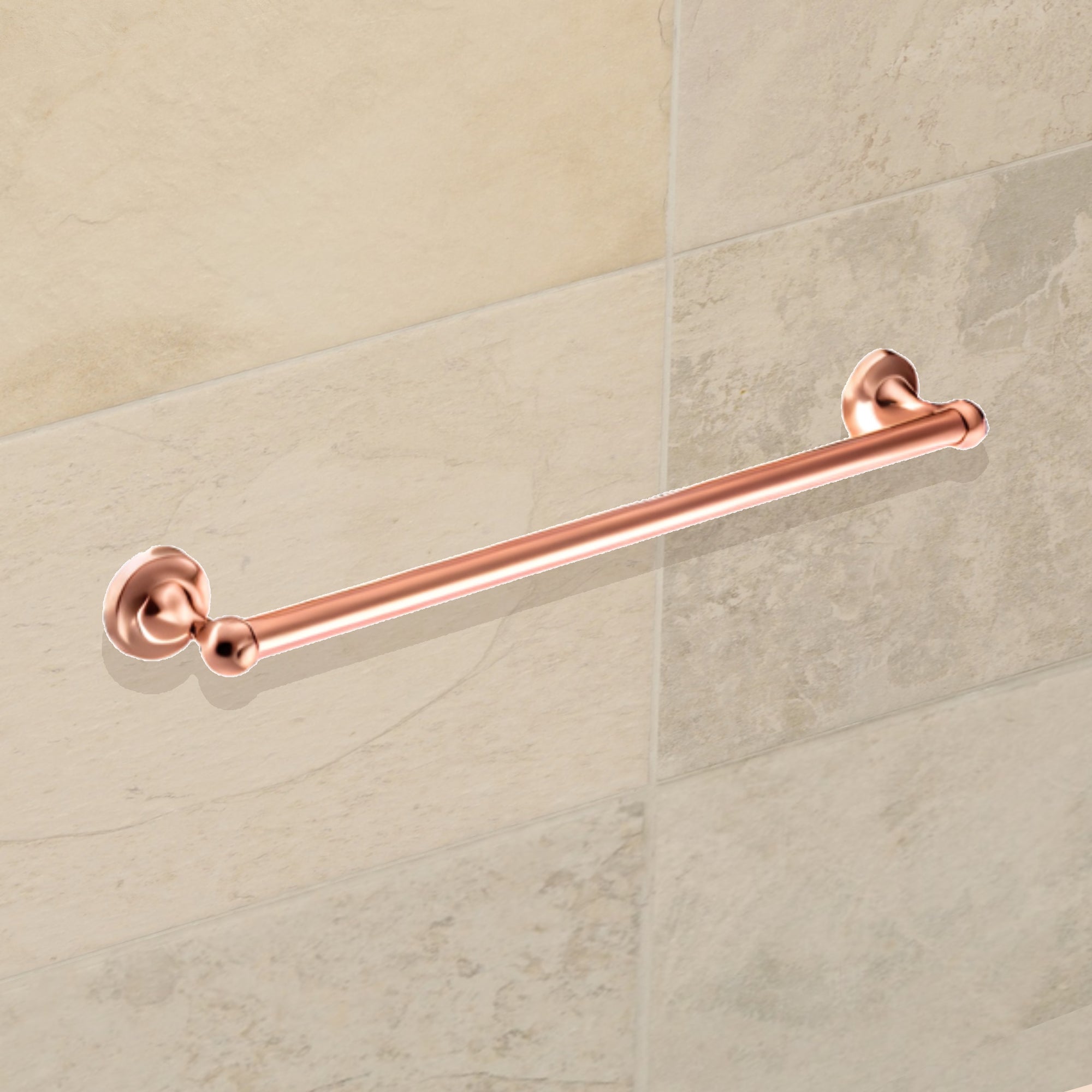 copper towel bar mounted on a tiled bathroom wall.
