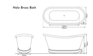 Technical drawing of a Halo Brass Bath with dimensions on a white background