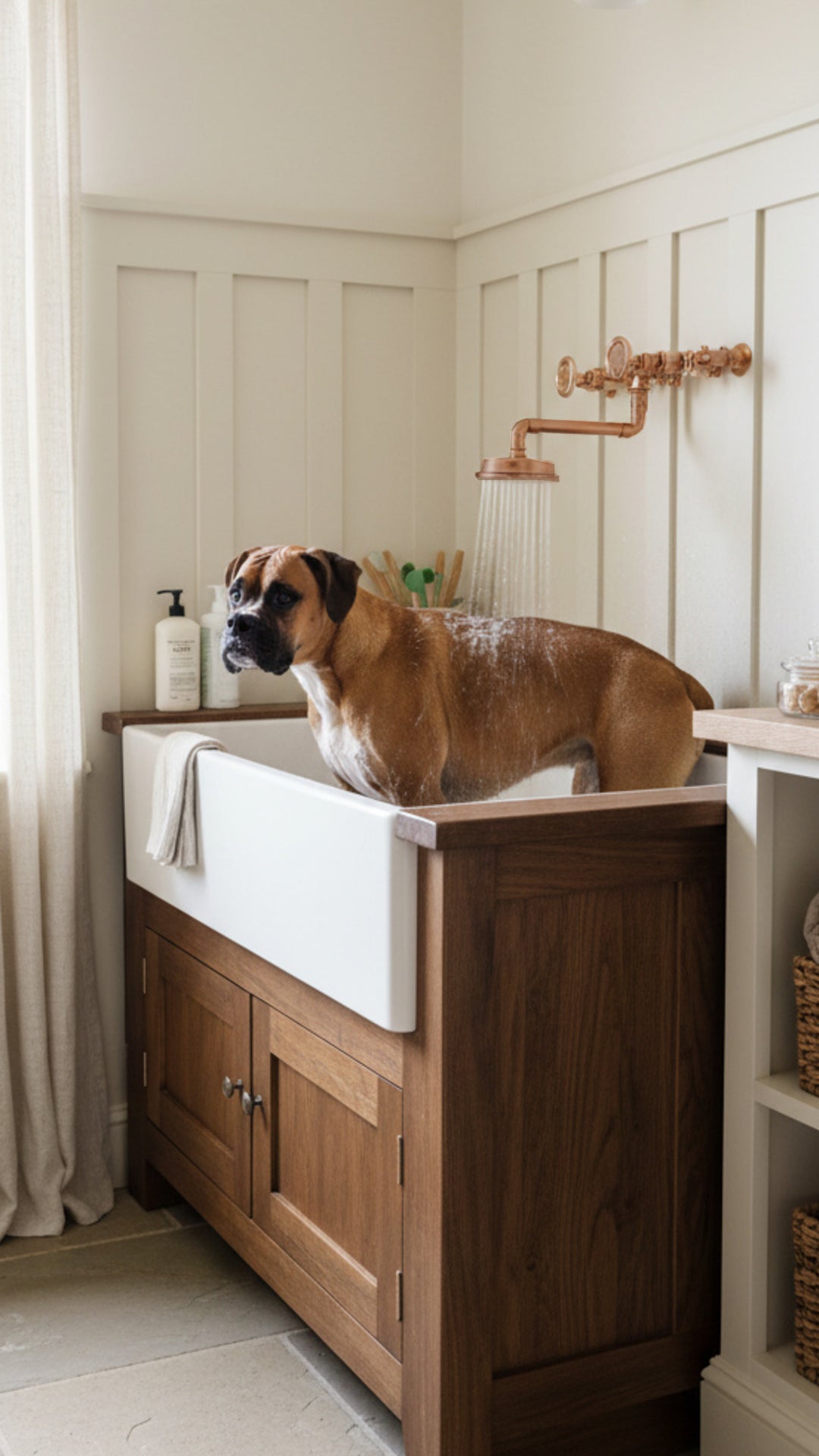 Dog sitting in a wooden bathtub with a white sinkand a copper dog shower