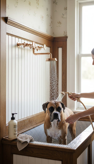 Dog being bathed in a small bathtub with a copper dog shower