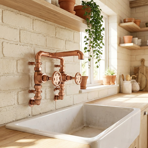 Kitchen sink with copper pipes against a brick wall