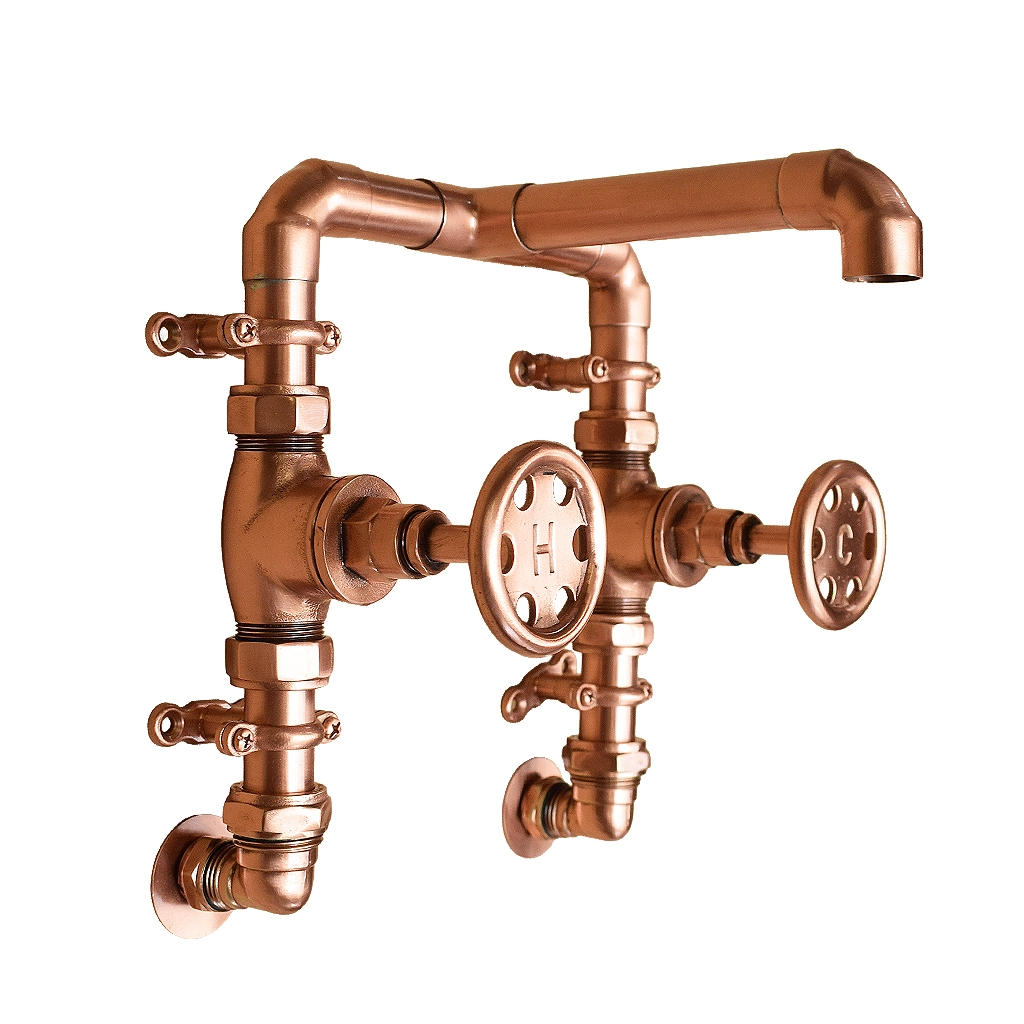Copper wall-mounted tap with circular tap heads