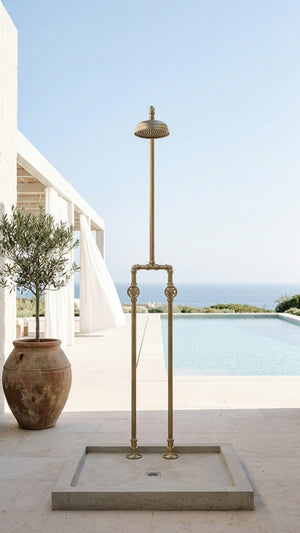 Outdoor shower brass freestanding system with a pot of olive tree by a poolside.