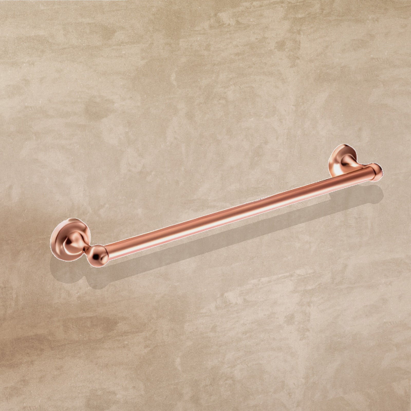 copper towel bar on a beige wall